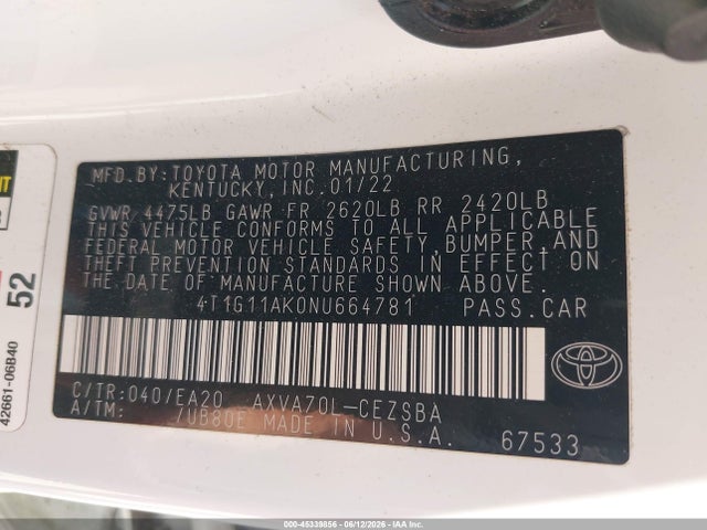 Toyota CAMRY SE 2022 4T1G11AK0NU664781 Image 9