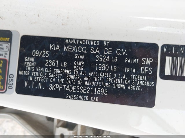 45339859 :رقم المزاد ، 3KPFT4DE3SE211895 vin ، 2025 Kia K4 Lx مزاد بيع