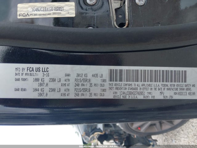 Продаж на аукціоні авто 2016 Jeep Compass 75th Anniversary, vin: 1C4NJCBBXGD702851, номер лоту: 45339864