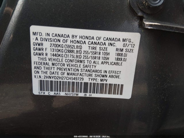Aukcja sprzedaży 2012 Acura Mdx, vin: 2HNYD2H27CH549729, numer aukcji: 45339868