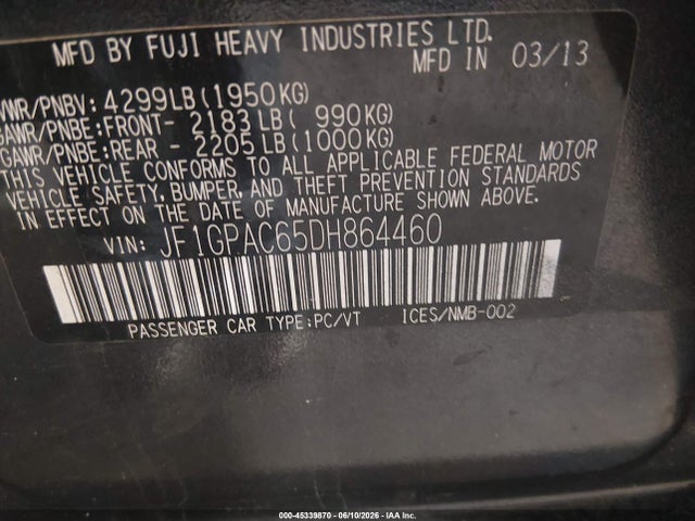 Продаж на аукціоні авто 2013 Subaru Impreza 2.0i Premium, vin: JF1GPAC65DH864460, номер лоту: 45339870