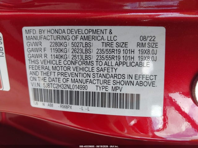 45339885 :رقم المزاد ، 5J8TC2H32NL014990 vin ، 2022 Acura Rdx Standard مزاد بيع