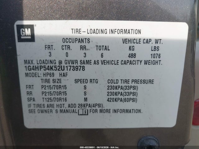 2002 Buick Lesabre Custom მანქანა იყიდება აუქციონზე, vin: 1G4HP54K52U173978, აუქციონის ნომერი: 45339891
