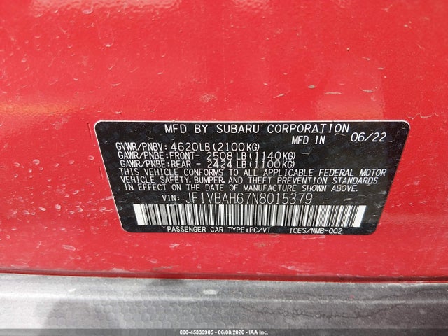 Продаж на аукціоні авто 2022 Subaru Wrx Premium, vin: JF1VBAH67N8015379, номер лоту: 45339905