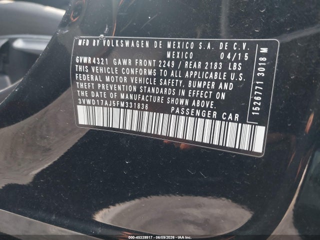 Aukcja sprzedaży 2015 Volkswagen Jetta 1.8t Se, vin: 3VWD17AJ5FM331836, numer aukcji: 45339917
