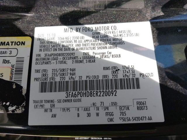 Aukcja sprzedaży 2014 Ford Fusion Se, vin: 3FA6P0HD8ER220092, numer aukcji: 45339941