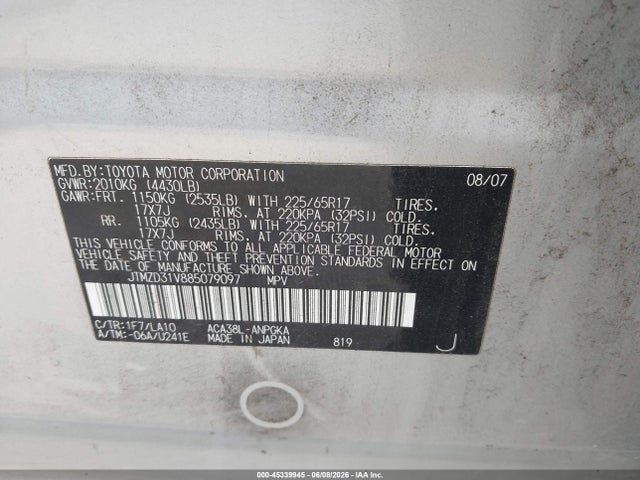 Aukcja sprzedaży 2008 Toyota Rav4 Limited, vin: JTMZD31V885079097, numer aukcji: 45339945