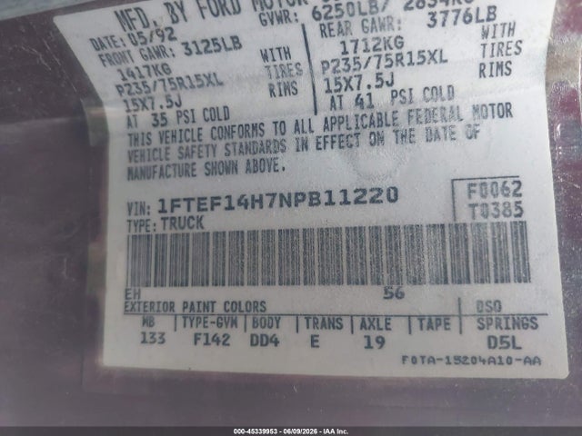 Aukcja sprzedaży 1992 Ford F150, vin: 1FTEF14H7NPB11220, numer aukcji: 45339953