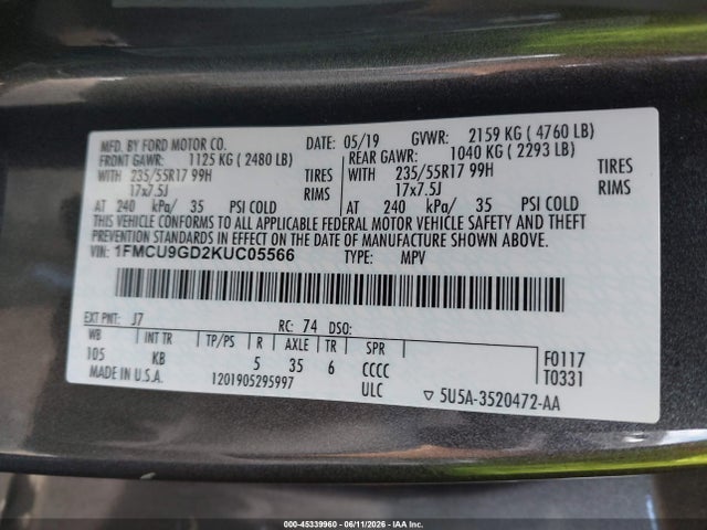 Aukcja sprzedaży 2019 Ford Escape Se, vin: 1FMCU9GD2KUC05566, numer aukcji: 45339960