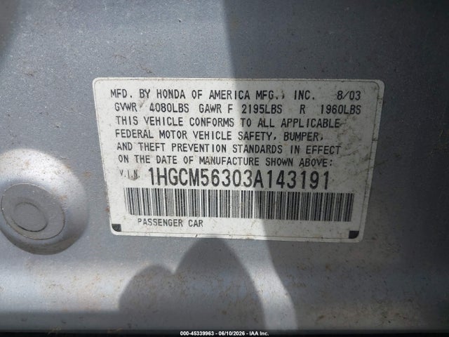 Продажа на аукционе авто 2003 Honda Accord 2.4 Lx, vin: 1HGCM56303A143191, номер лота: 45339963