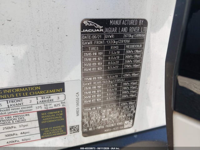 45339973 :رقم المزاد ، SADHD2S16N1618342 vin ، 2022 Jaguar I-pace Hse Ev400 Awd Automatic مزاد بيع