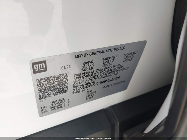 Продажа на аукционе авто 2022 Chevrolet Tahoe 2wd Lt, vin: 1GNSCNKD3NR195826, номер лота: 45339986