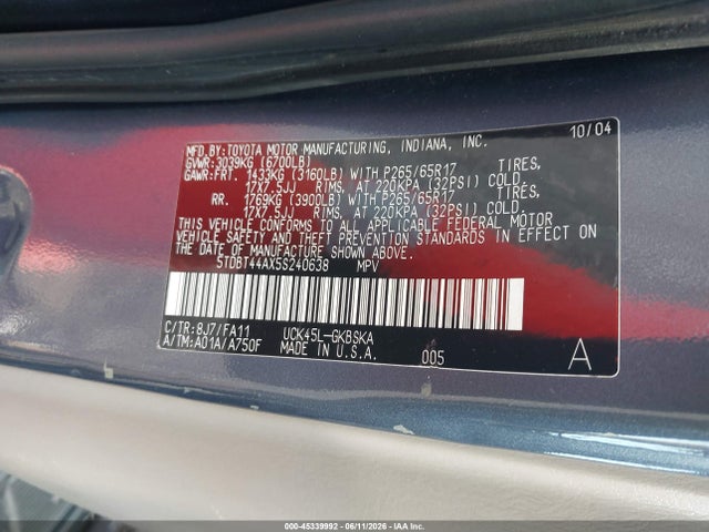 Aukcja sprzedaży 2005 Toyota Sequoia Sr5 V8, vin: 5TDBT44AX5S240638, numer aukcji: 45339992
