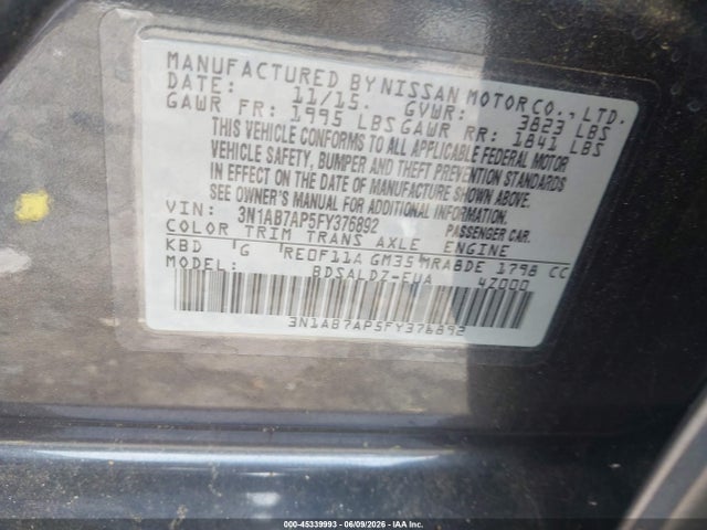Aukcja sprzedaży 2015 Nissan Sentra Sv, vin: 3N1AB7AP5FY376892, numer aukcji: 45339993