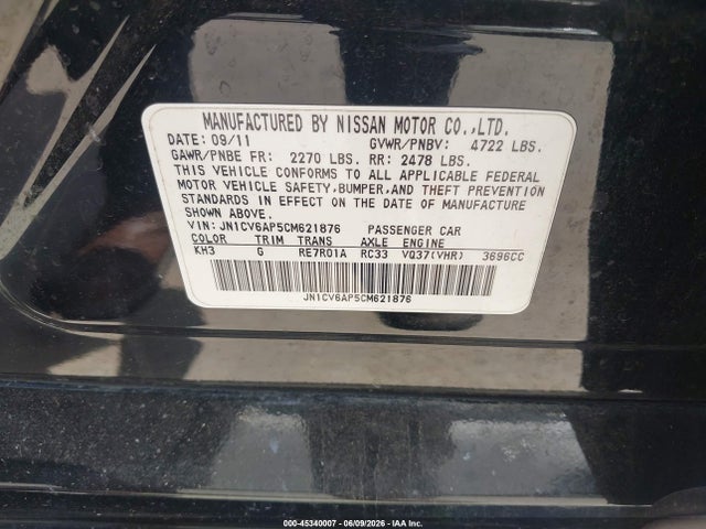 45340007 :رقم المزاد ، JN1CV6AP5CM621876 vin ، 2012 Infiniti G37 Limited Edition مزاد بيع