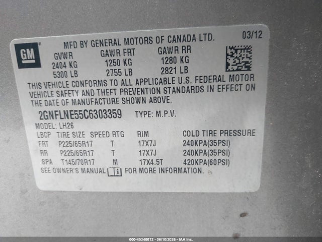 Aukcja sprzedaży 2012 Chevrolet Equinox 2lt, vin: 2GNFLNE55C6303359, numer aukcji: 45340012