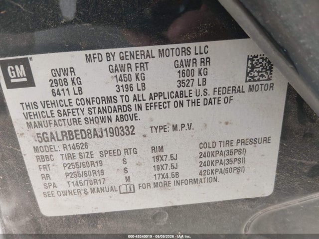 Продажа на аукционе авто 2010 Buick Enclave 1xl, vin: 5GALRBED8AJ190332, номер лота: 45340019