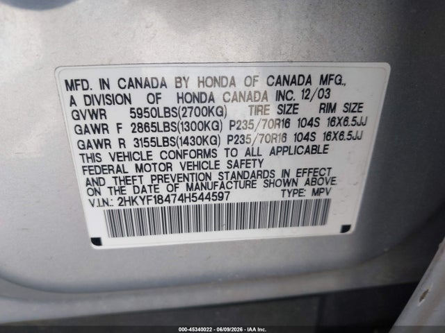 Продажа на аукционе авто 2004 Honda Pilot Ex, vin: 2HKYF18474H544597, номер лота: 45340022