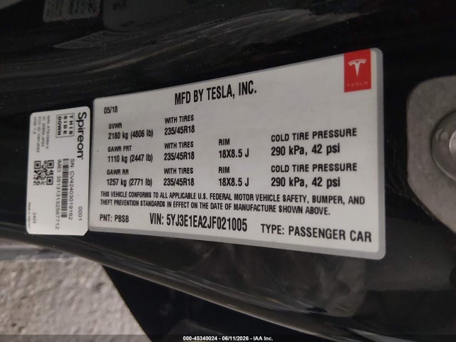 Aukcja sprzedaży 2018 Tesla Model 3 Long Range/mid Range, vin: 5YJ3E1EA2JF021005, numer aukcji: 45340024