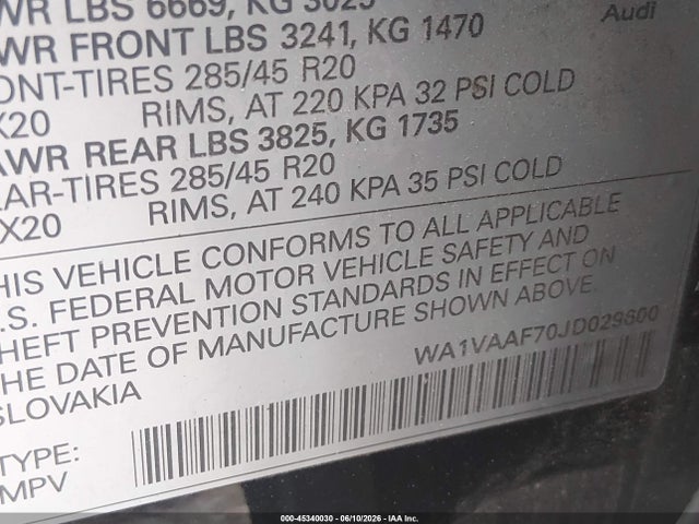 WA1VAAF70JD029600 Audi Q7 3.0t Premium