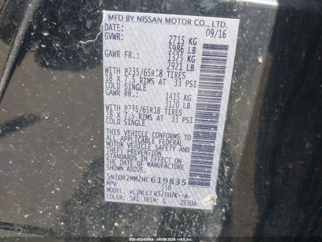 Aukcja sprzedaży 2017 Nissan Pathfinder Sv, vin: 5N1DR2MM2HC619835, numer aukcji: 45340064
