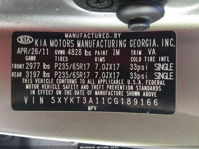 2012 Kia Sorento Lx მანქანა იყიდება აუქციონზე, vin: 5XYKT3A11CG189166, აუქციონის ნომერი: 45340108