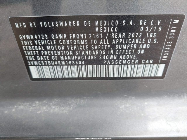 45340146 :رقم المزاد ، 3VWC57BU4KM168504 vin ، 2019 Volkswagen Jetta 1.4t R-line/1.4t S/1.4t Se مزاد بيع