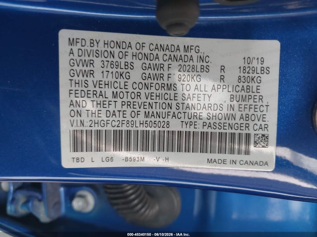 Продаж на аукціоні авто 2020 Honda Civic Sport, vin: 2HGFC2F89LH505028, номер лоту: 45340150
