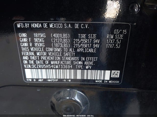 3CZRU5H54GM733694 Honda HR-V EX