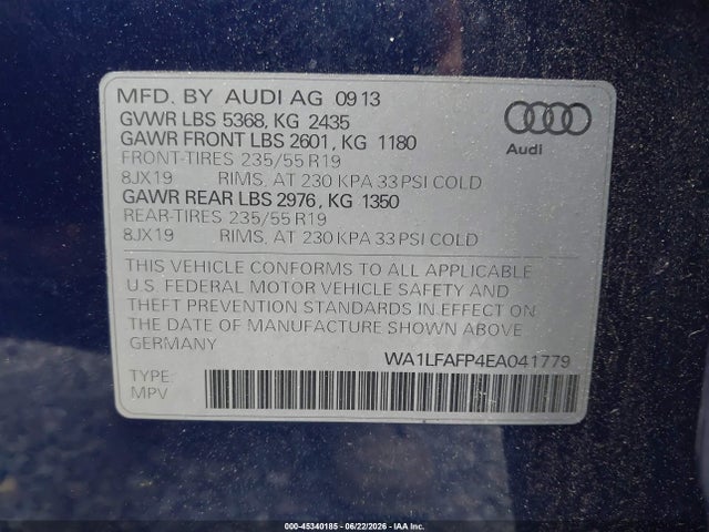 2014 Audi Q5 2.0t Premium მანქანა იყიდება აუქციონზე, vin: WA1LFAFP4EA041779, აუქციონის ნომერი: 45340185