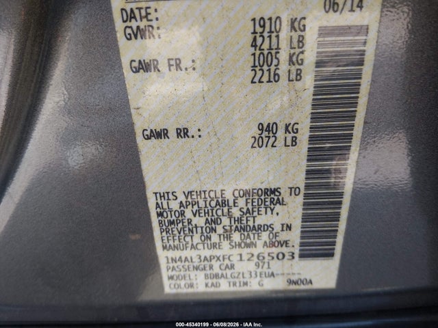 Продажа на аукционе авто 2015 Nissan Altima 2.5 S, vin: 1N4AL3APXFC126503, номер лота: 45340199