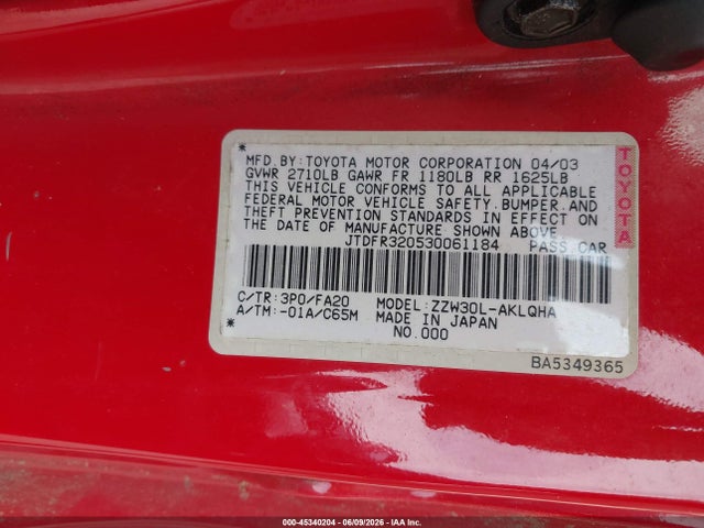 45340204 :رقم المزاد ، JTDFR320530061184 vin ، 2003 Toyota Mr2 Spyder مزاد بيع
