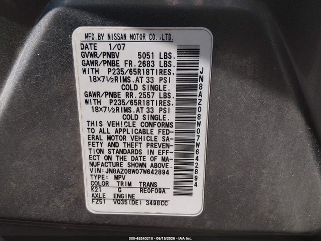 Продажа на аукционе авто 2007 Nissan Murano Sl, vin: JN8AZ08W07W642894, номер лота: 45340210