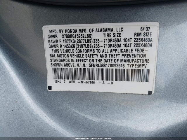 Продажа на аукционе авто 2007 Honda Odyssey Touring, vin: 5FNRL38817B092516, номер лота: 45340240