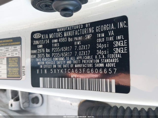 Aukcja sprzedaży 2015 Kia Sorento Lx, vin: 5XYKTCA63FG606657, numer aukcji: 45340251