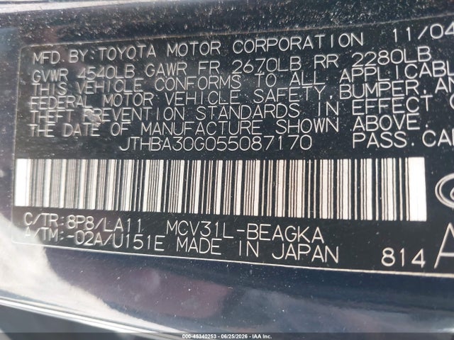 Продажа на аукционе авто 2005 Lexus Es 330, vin: JTHBA30G055087170, номер лота: 45340253