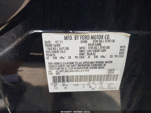 2016 Lincoln Mkx Reserve მანქანა იყიდება აუქციონზე, vin: 2LMTJ8LR6GBL21794, აუქციონის ნომერი: 45340271