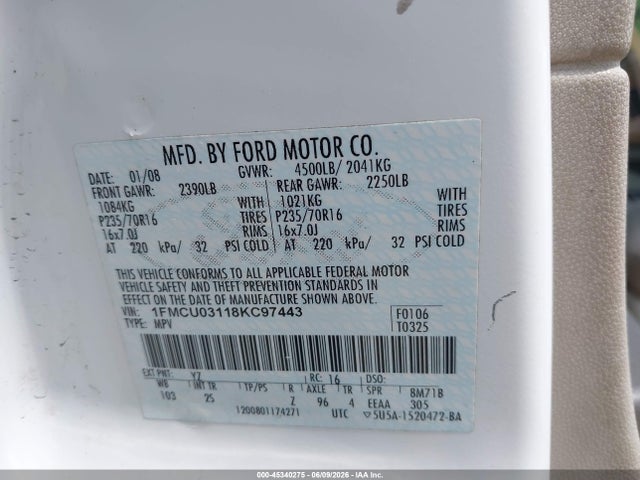 45340275 :رقم المزاد ، 1FMCU03118KC97443 vin ، 2008 Ford Escape Xlt مزاد بيع