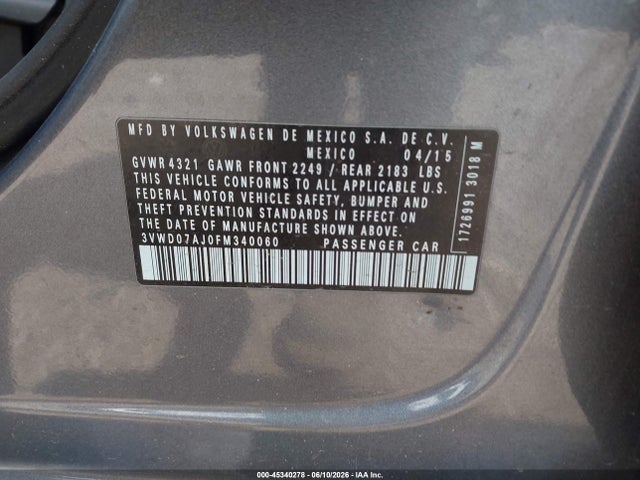 Aukcja sprzedaży 2015 Volkswagen Jetta 1.8t Se, vin: 3VWD07AJ0FM340060, numer aukcji: 45340278
