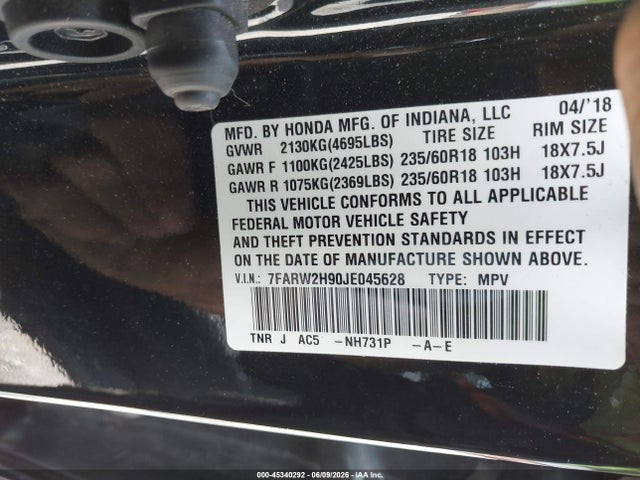 45340292 :رقم المزاد ، 7FARW2H90JE045628 vin ، 2018 Honda Cr-v Touring مزاد بيع