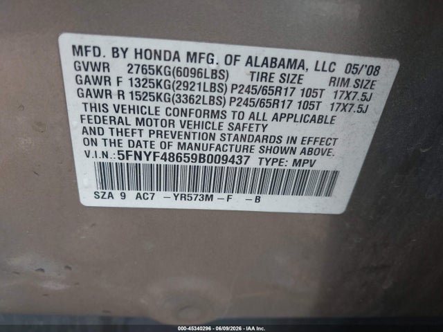 Aukcja sprzedaży 2009 Honda Pilot Ex-l, vin: 5FNYF48659B009437, numer aukcji: 45340296