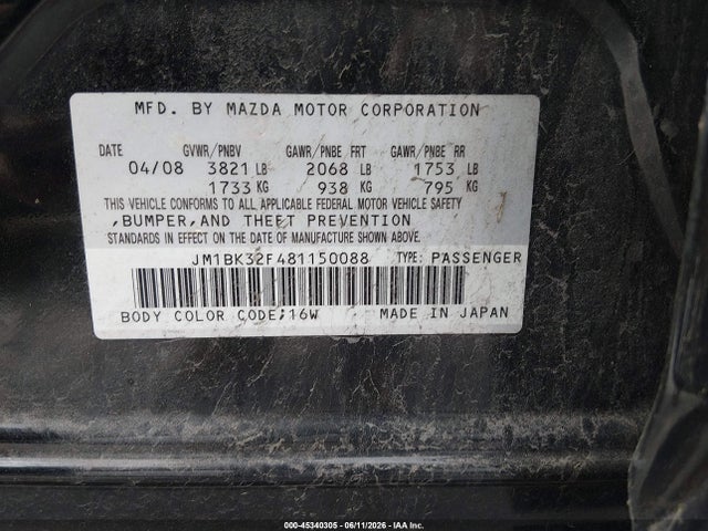 Aukcja sprzedaży 2008 Mazda Mazda3 I Touring Value, vin: JM1BK32F481150088, numer aukcji: 45340305
