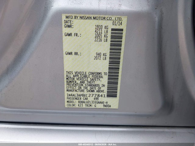 Aukcja sprzedaży 2014 Nissan Altima 2.5 Sv, vin: 1N4AL3AP8EC277841, numer aukcji: 45340312