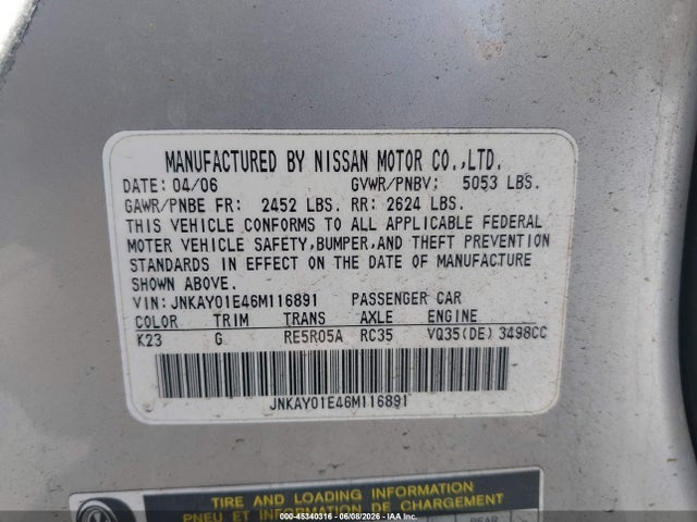 Aukcja sprzedaży 2006 Infiniti M35, vin: JNKAY01E46M116891, numer aukcji: 45340316