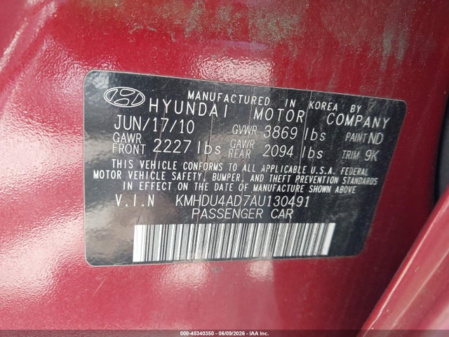 45340350 :رقم المزاد ، KMHDU4AD7AU130491 vin ، 2010 Hyundai Elantra Gls مزاد بيع