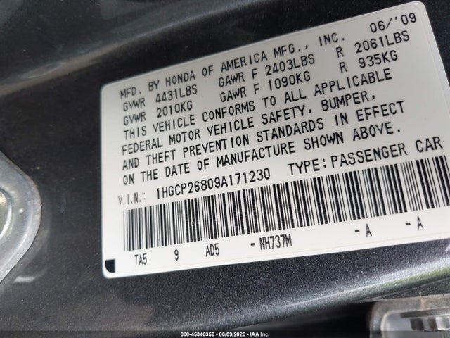 Aukcja sprzedaży 2009 Honda Accord 2.4 Ex-l, vin: 1HGCP26809A171230, numer aukcji: 45340356