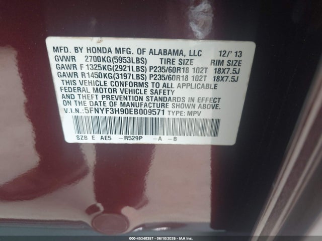 Honda Pilot Touring 2014 5FNYF3H90EB009571 Image 9