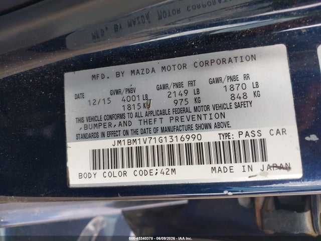2016 Mazda Mazda3 I Touring მანქანა იყიდება აუქციონზე, vin: JM1BM1V71G1316990, აუქციონის ნომერი: 45340378