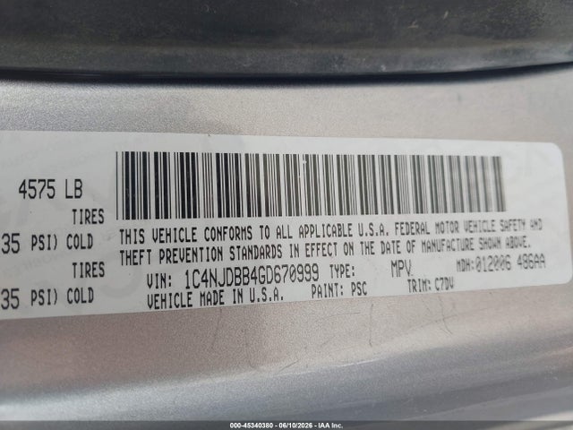 45340380 :رقم المزاد ، 1C4NJDBB4GD670999 vin ، 2016 Jeep Compass Sport مزاد بيع