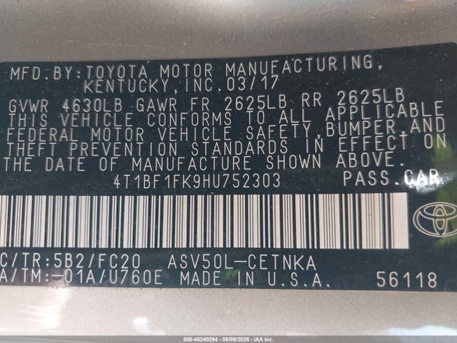Toyota CAMRY LE 2017 4T1BF1FK9HU752303 Image 9